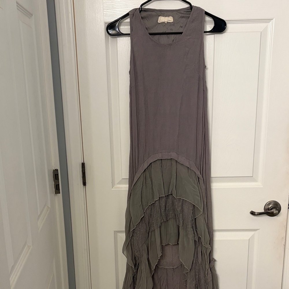 A'Reve Sleeveless High-Low Ruffle Maxi Dress - Gray and Olive - Picture 2 of 5